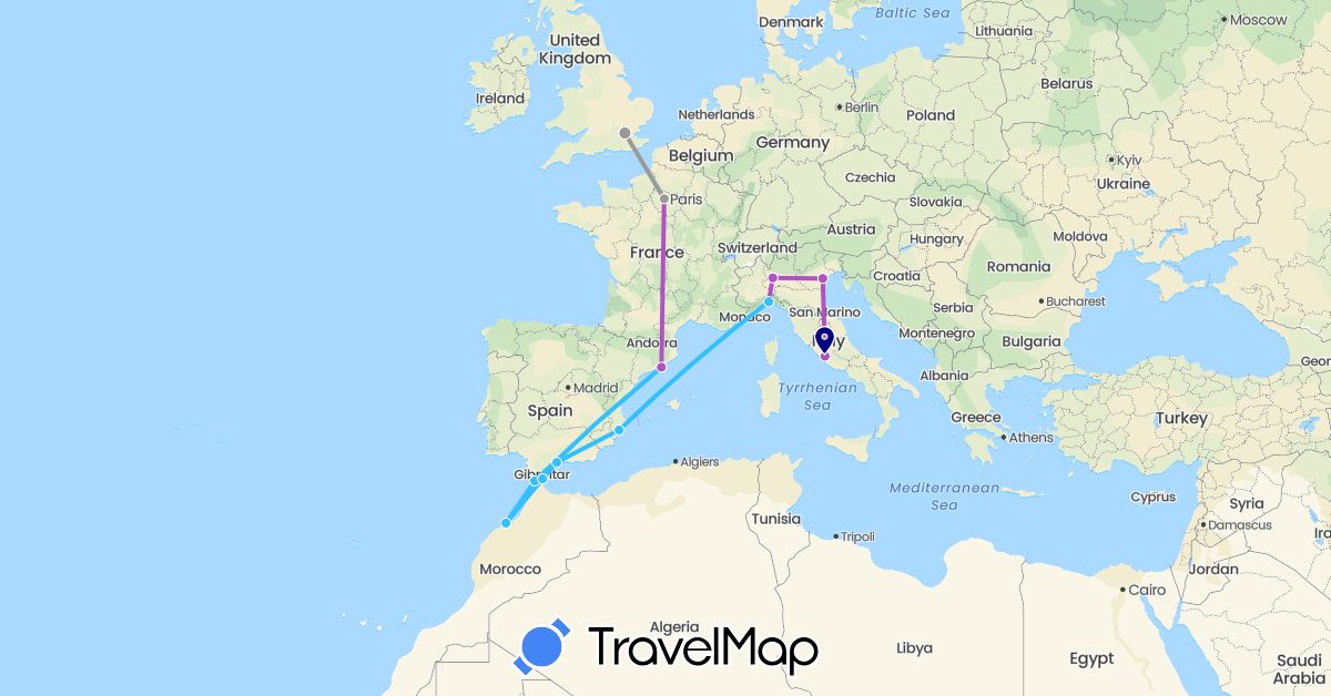 TravelMap itinerary: driving, plane, train, boat in Spain, France, United Kingdom, Italy, Morocco, Vatican City (Africa, Europe)
